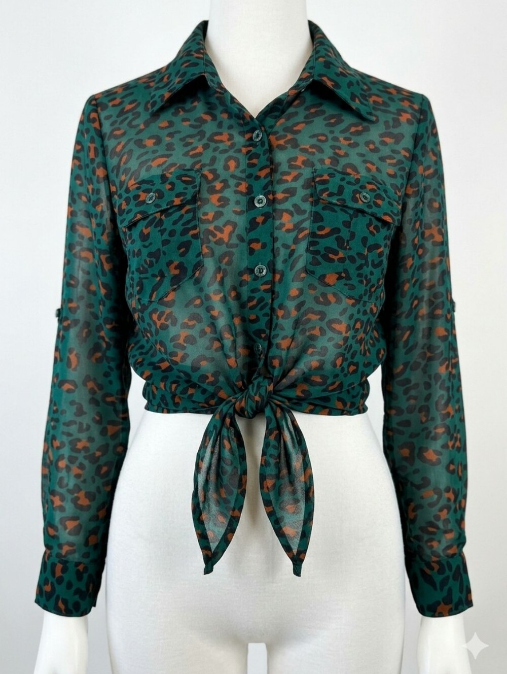 Vintage 90s Emerald Green Animal Print Sheer Tie‑Waist Top Cognac Brown MEDIUM